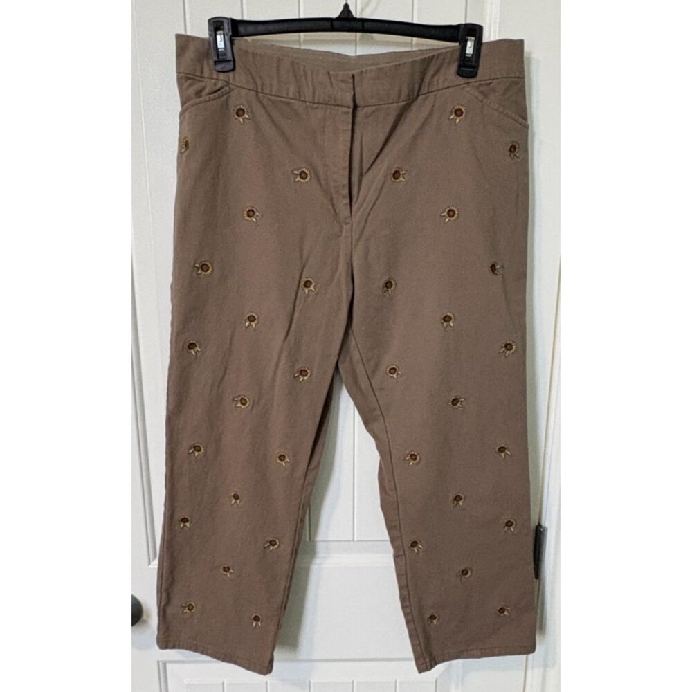 Appleseeds Petite Brown Pants Womens Size 18P Sunflower Embroidered Design
